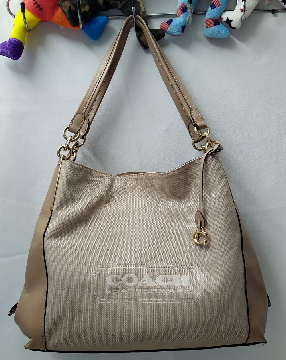 Coach Dalton Bag 31 Taupe Canvas Leather 3 Compartments Shoulder Bag